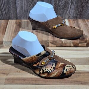 Helle Comfort Jaclyn Mules 11 Leopard Animal Print Calf Hair Suede Jeweled Wedge